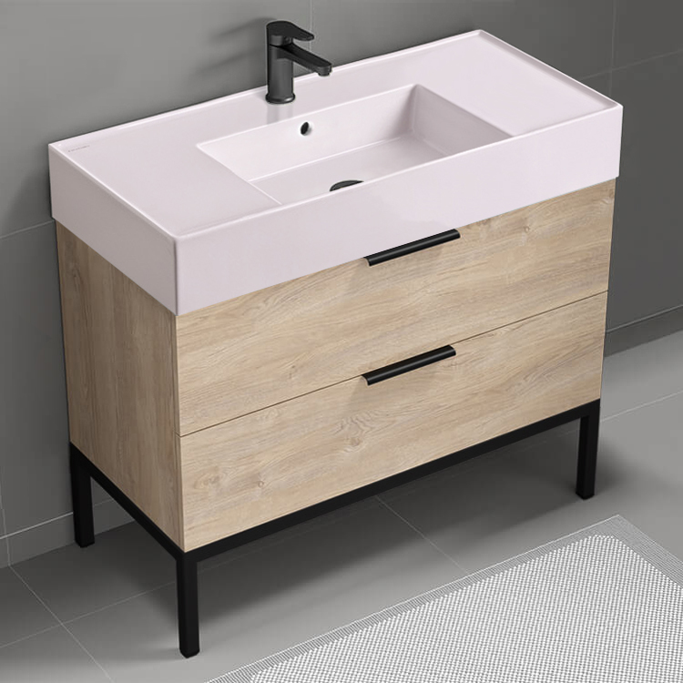 Nameeks DERIN275 Pink Sink Bathroom Vanity, Modern, Floor Standing, 40 Inch, Brown Oak